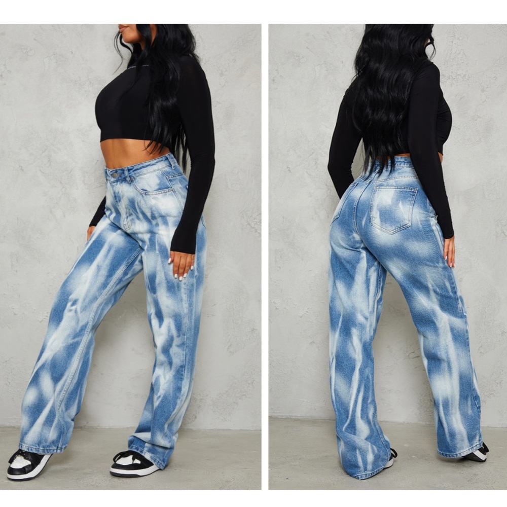 Blue Wash Effect Wide Leg Jean